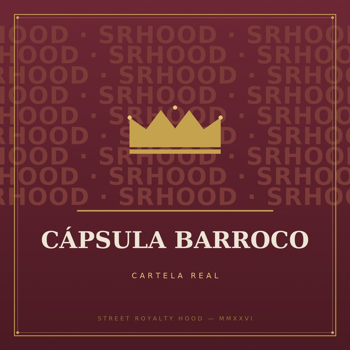 Cápsula Barroco — Cartela Real: damasco de oro sobre negro de estampado integral