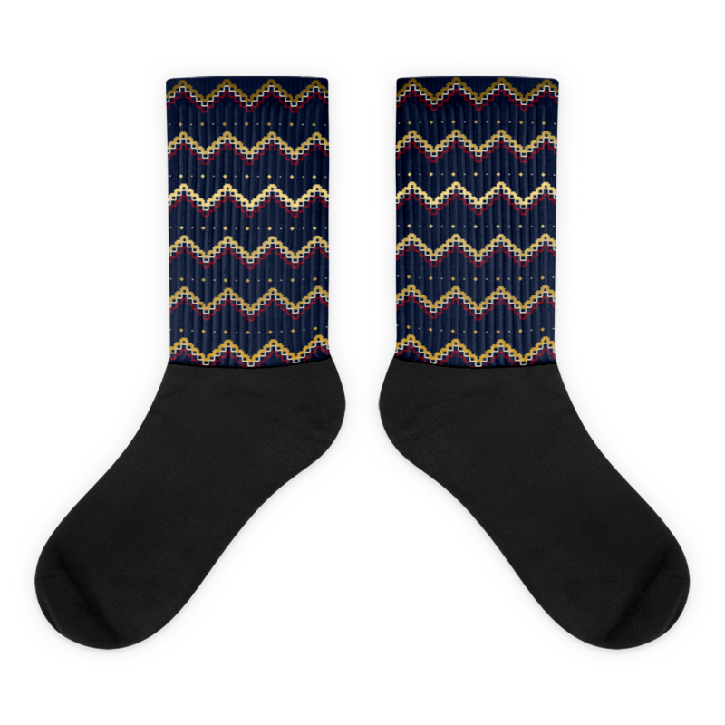Calcetines Zigurat Déco navy con zigzag escalonado en oro, crema y burdeos