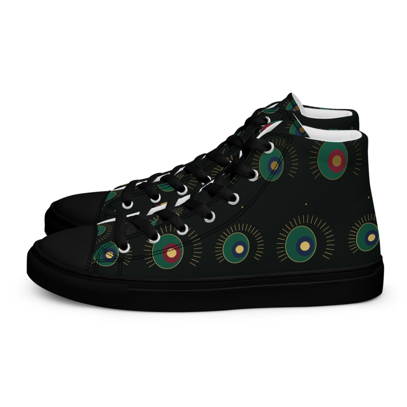 Zapatillas altas Plumaje Real negras con ojos de pluma de pavo real esmeralda y oro