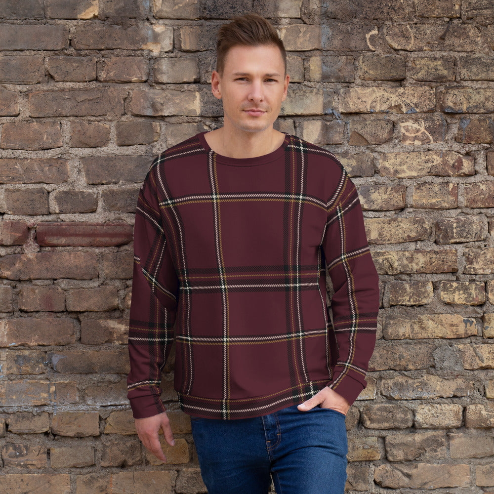 Sudadera Integral Tartán — Herencia Real, estampado integral sobre modelo