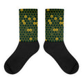 Calcetines sublimados con panal hexagonal de oro sobre verde bosque y coronas SRHOOD en las celdas