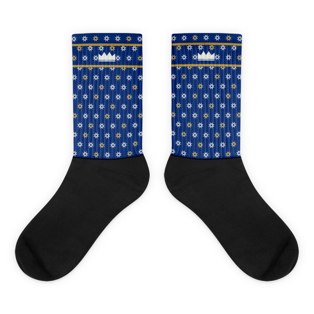Calcetines Cuerda Seca cobalto — estrellas de ocho puntas blanco y oro con corona SRHOOD