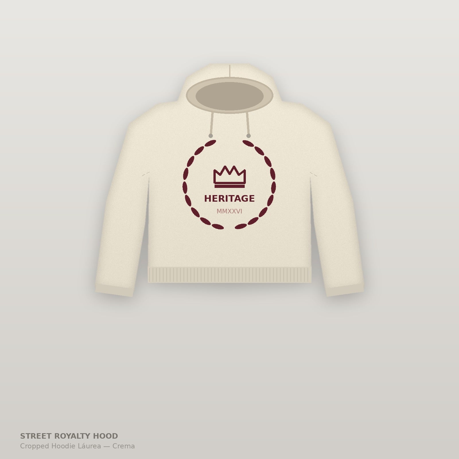 Cropped hoodie crema con corona de laurel burdeos y lema HERITAGE