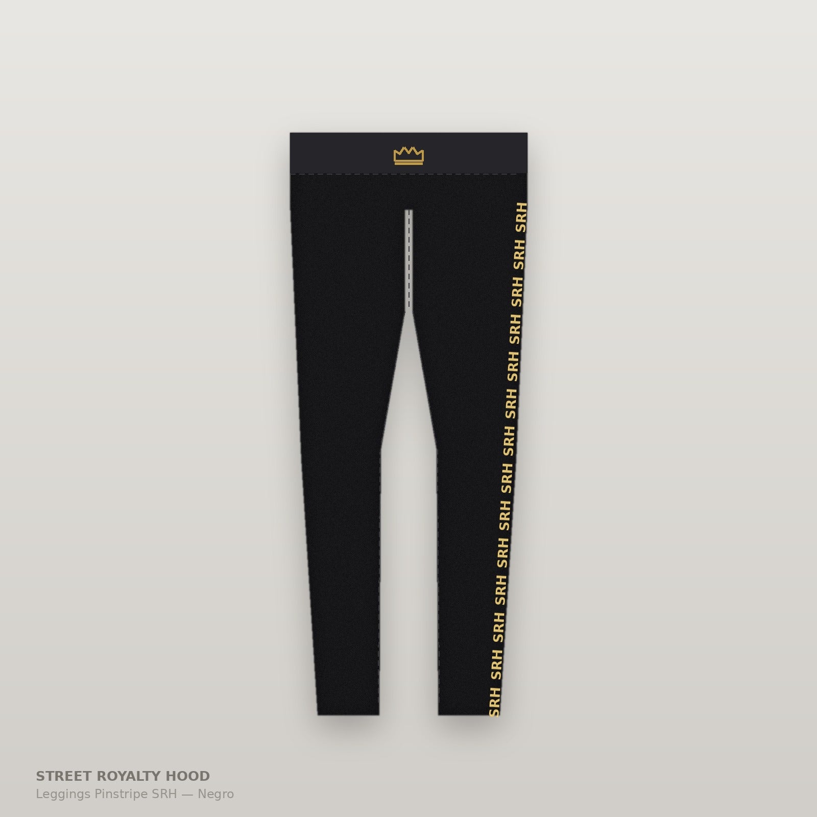 Leggings negros de talle alto con monograma SRH dorado repetido en la pierna