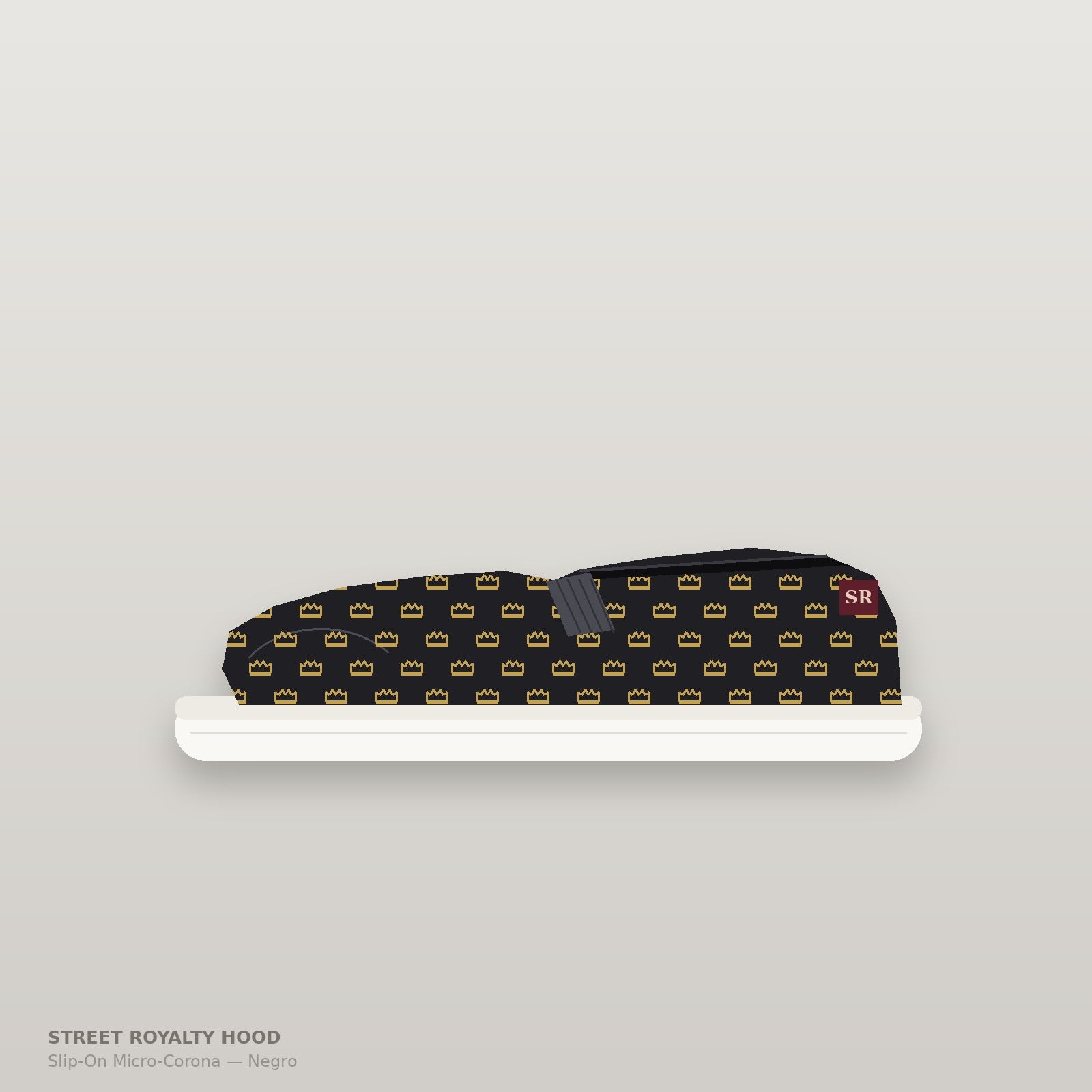 Zapatilla slip-on negra con patrón micro-corona dorado all-over y suela blanca
