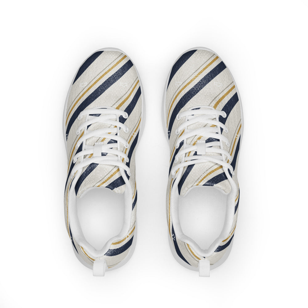 Zapatillas deportivas blancas con bandas diagonales navy y oro del patrón Dinastía