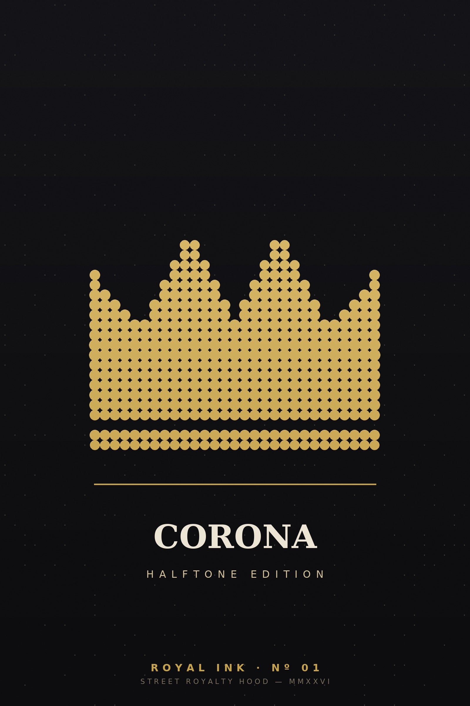 Lámina Royal Ink Nº01 Corona Halftone — corona dorada en trama de puntos sobre fondo negro