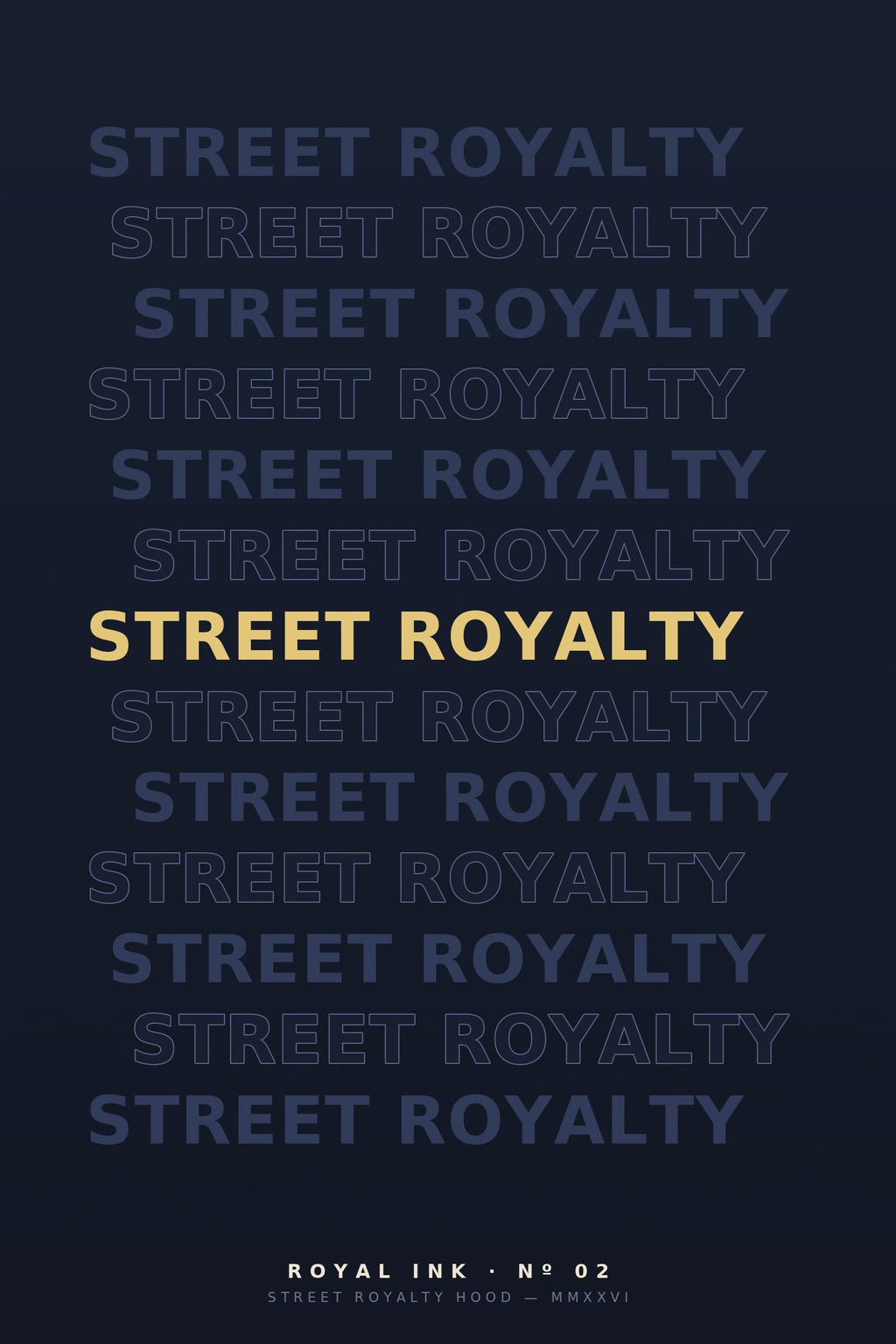 Lámina Royal Ink Nº02 Wordmark — tipografía Street Royalty repetida sobre azul marino con línea dorada