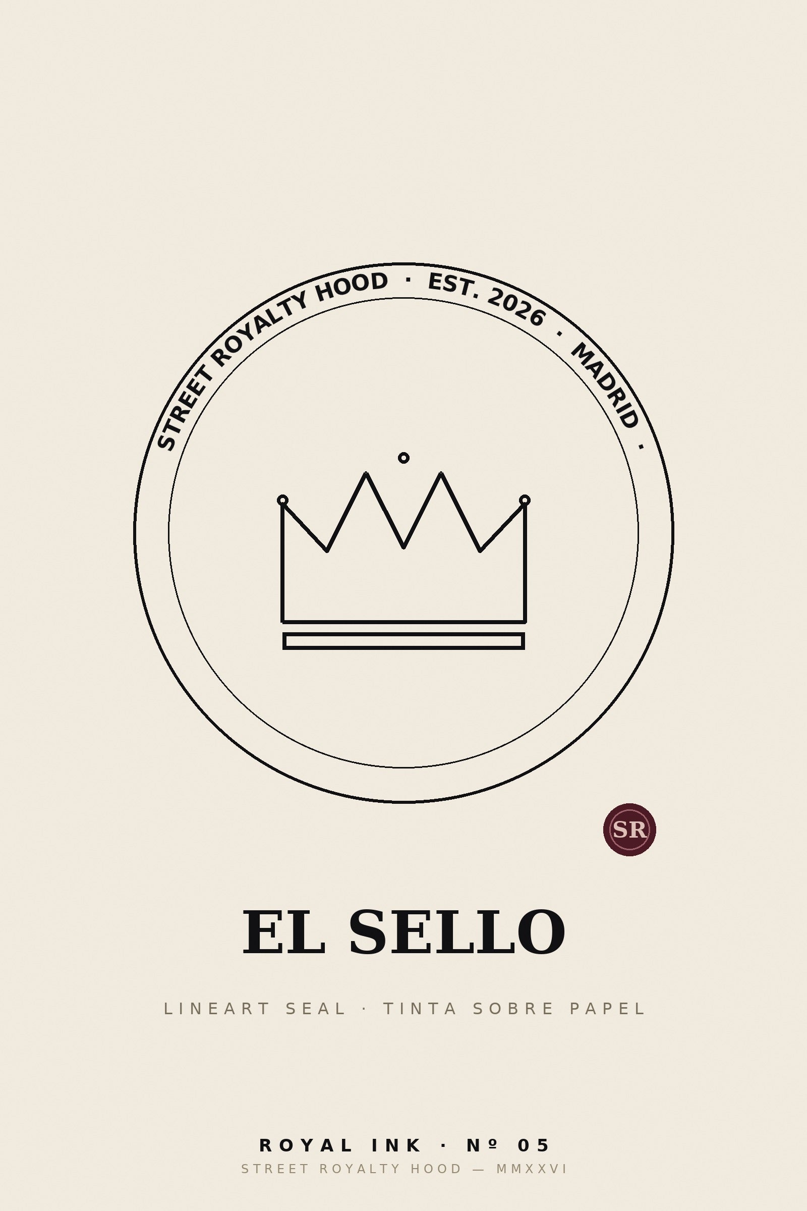 Lámina Royal Ink Nº05 El Sello — sello circular lineart con corona y lacre burdeos sobre marfil