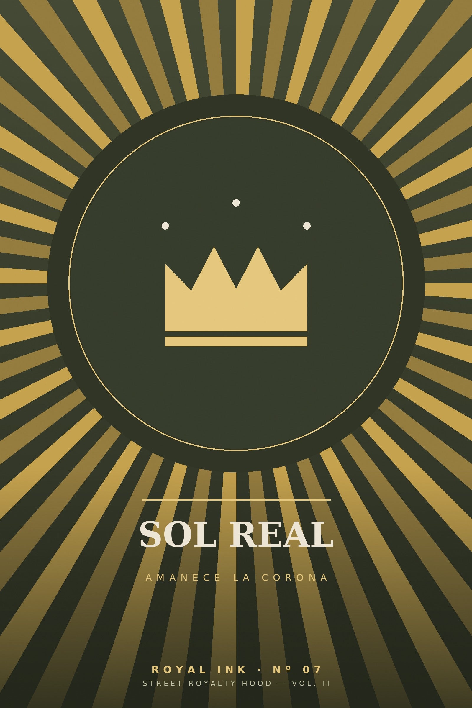 Lámina Royal Ink Nº07 Sol Real — corona dorada en medallón sobre rayos de sol verde oliva y oro