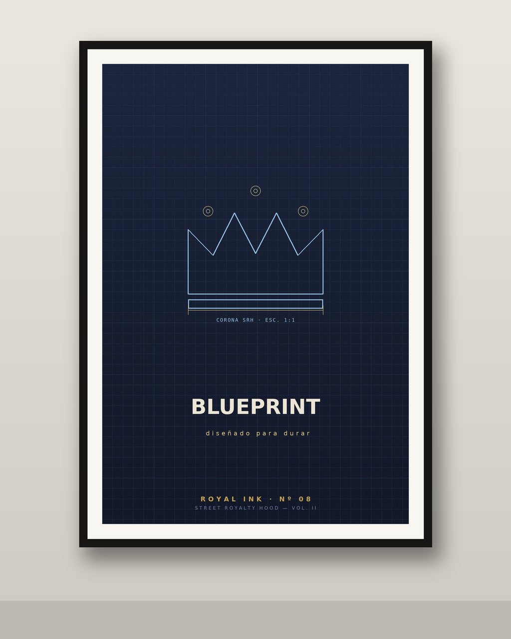 Lámina Blueprint enmarcada en pared