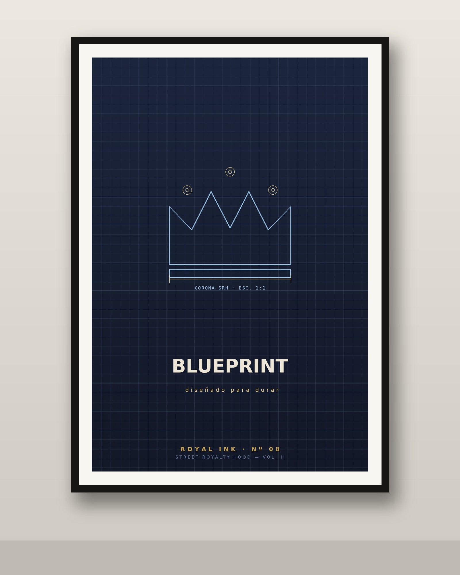 Lámina Blueprint enmarcada en pared