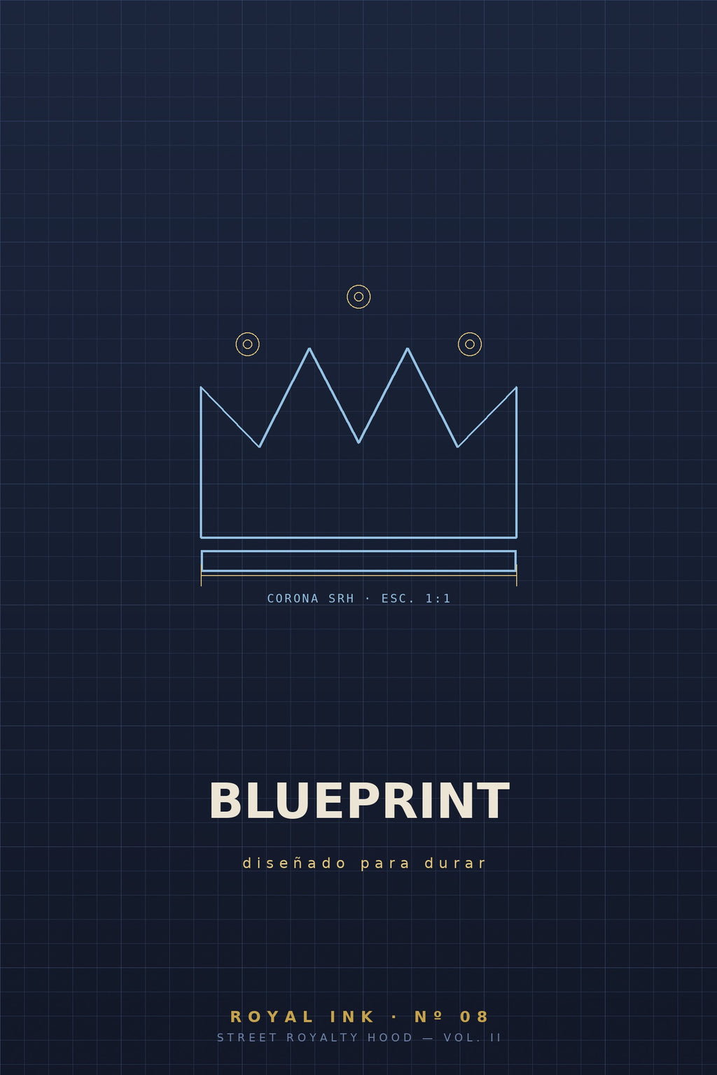 Lámina Royal Ink Nº08 Blueprint — corona técnica tipo plano azul con círculos de construcción