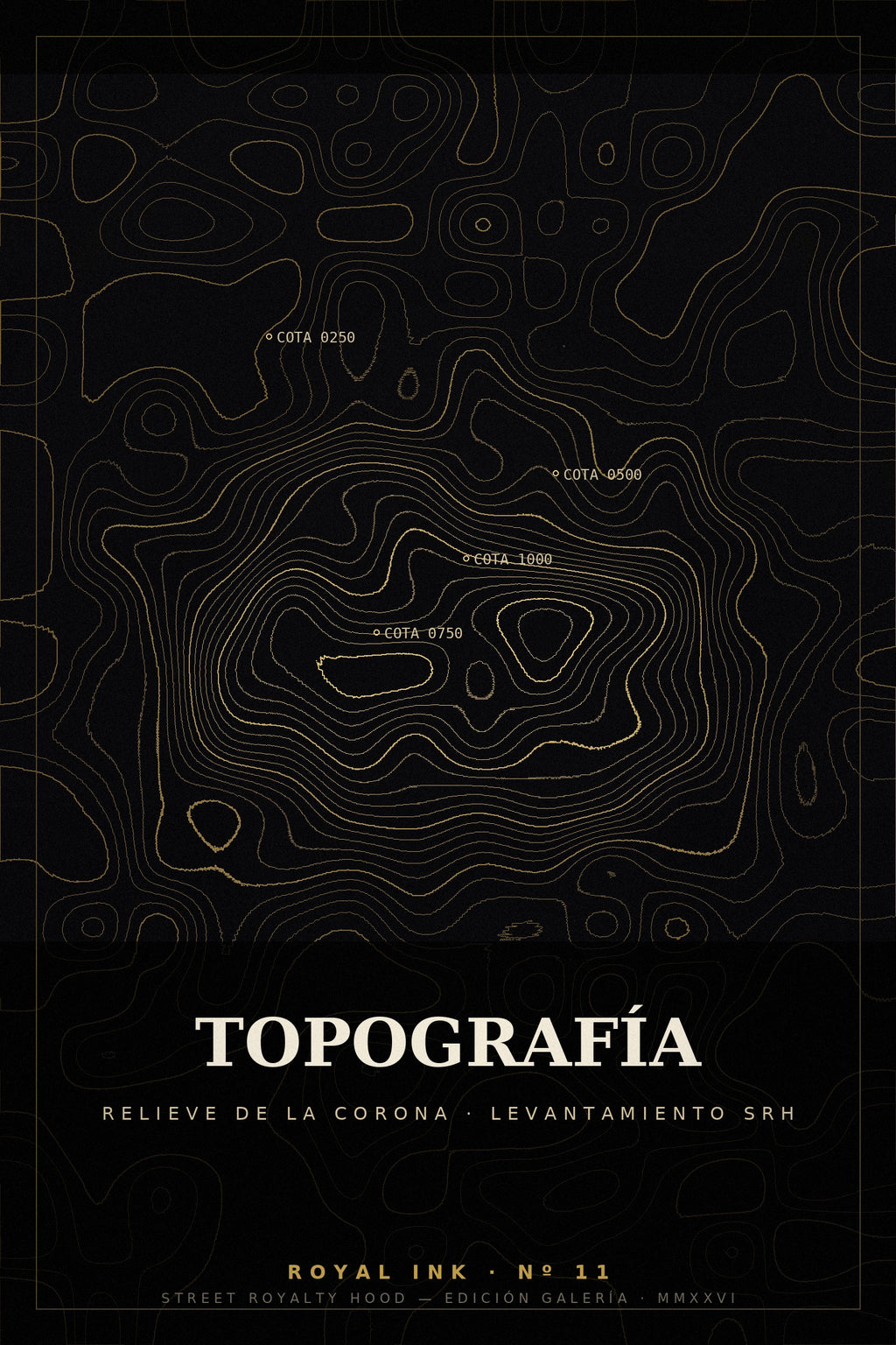 Lámina Royal Ink Nº11 Topografía — mapa topográfico generativo de la corona SRH en oro sobre negro