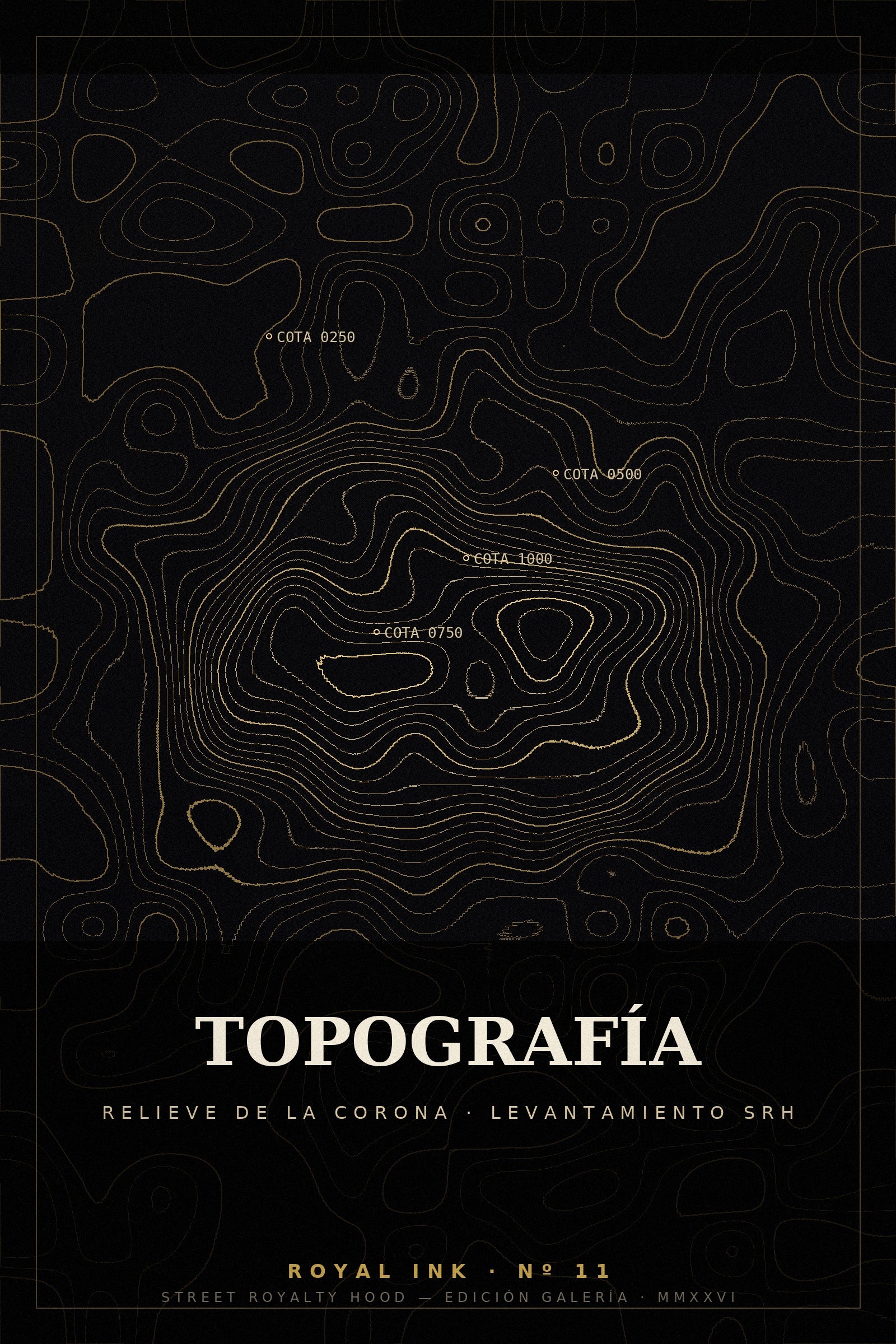 Lámina Royal Ink Nº11 Topografía — mapa topográfico generativo de la corona SRH en oro sobre negro