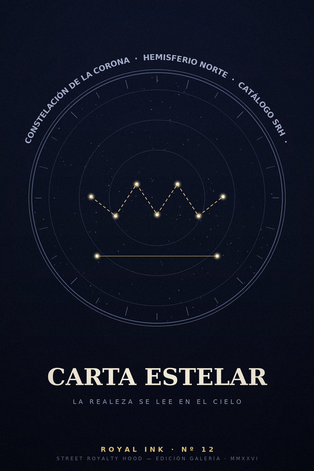 Lámina Royal Ink Nº12 Carta Estelar — constelación de la corona SRH sobre carta astronómica azul marino