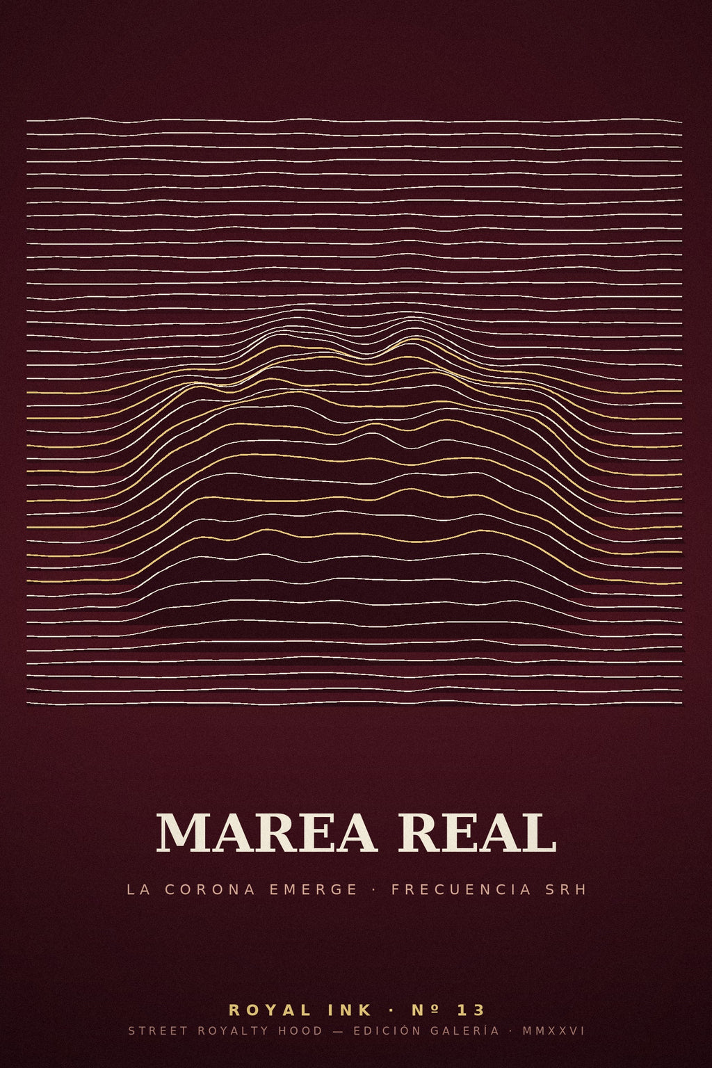 Lámina Royal Ink Nº13 Marea Real — ondas ridgeline crema y oro sobre burdeos con la corona emergiendo