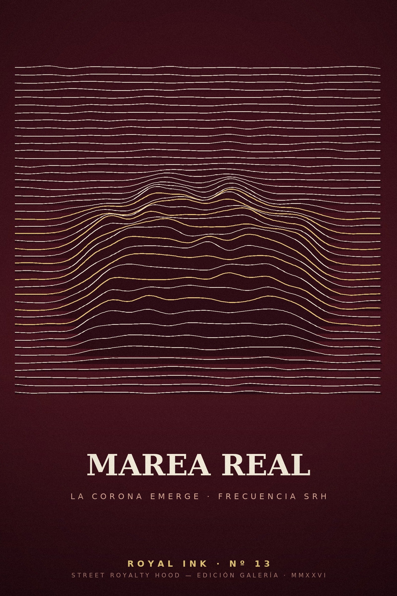 Lámina Royal Ink Nº13 Marea Real — ondas ridgeline crema y oro sobre burdeos con la corona emergiendo