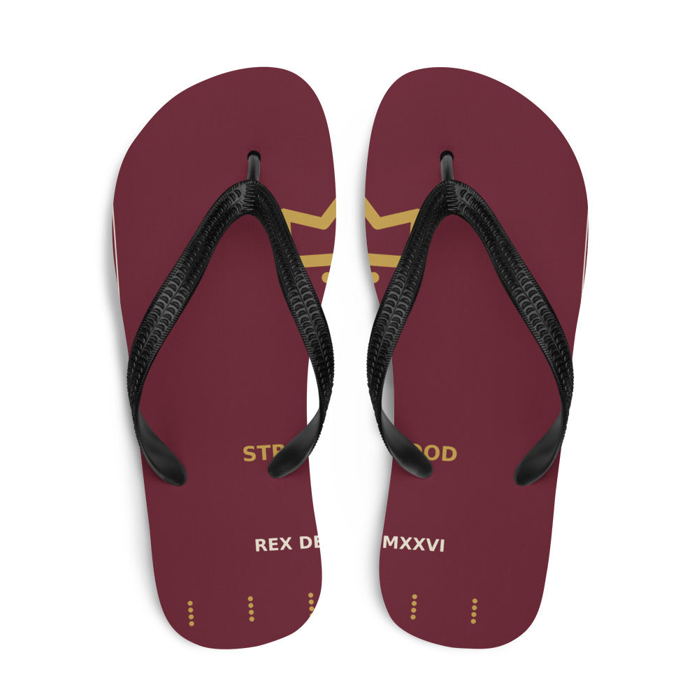 Chanclas burdeos con corona dorada, SRH y lema Rex del Barrio — vista superior