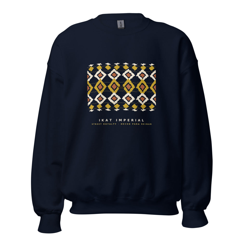 Sudadera navy con banda ikat de rombos crema, oro y terracota y corona SRHOOD