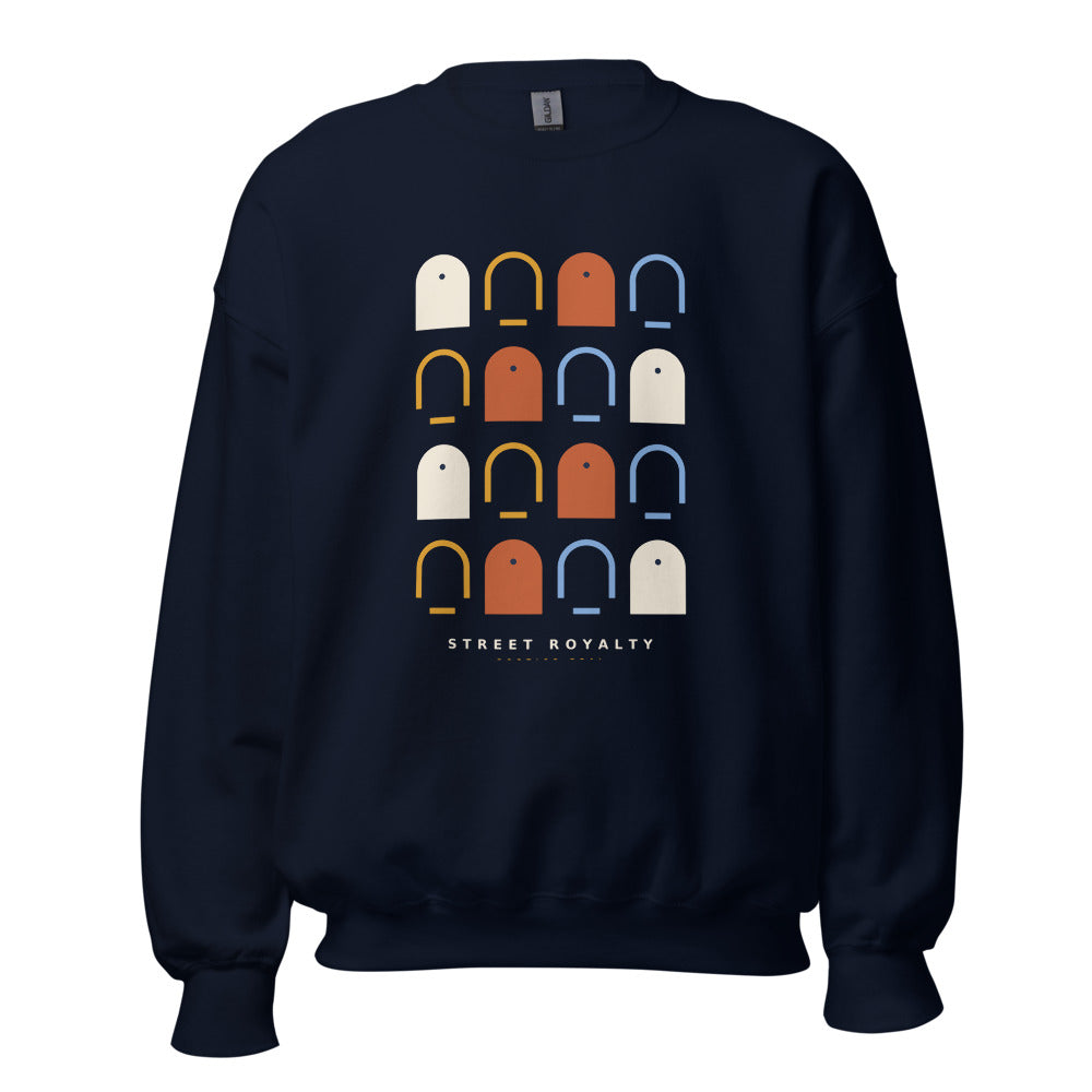 Sudadera Pórtico Real navy — dieciséis arcos geométricos, vista frontal