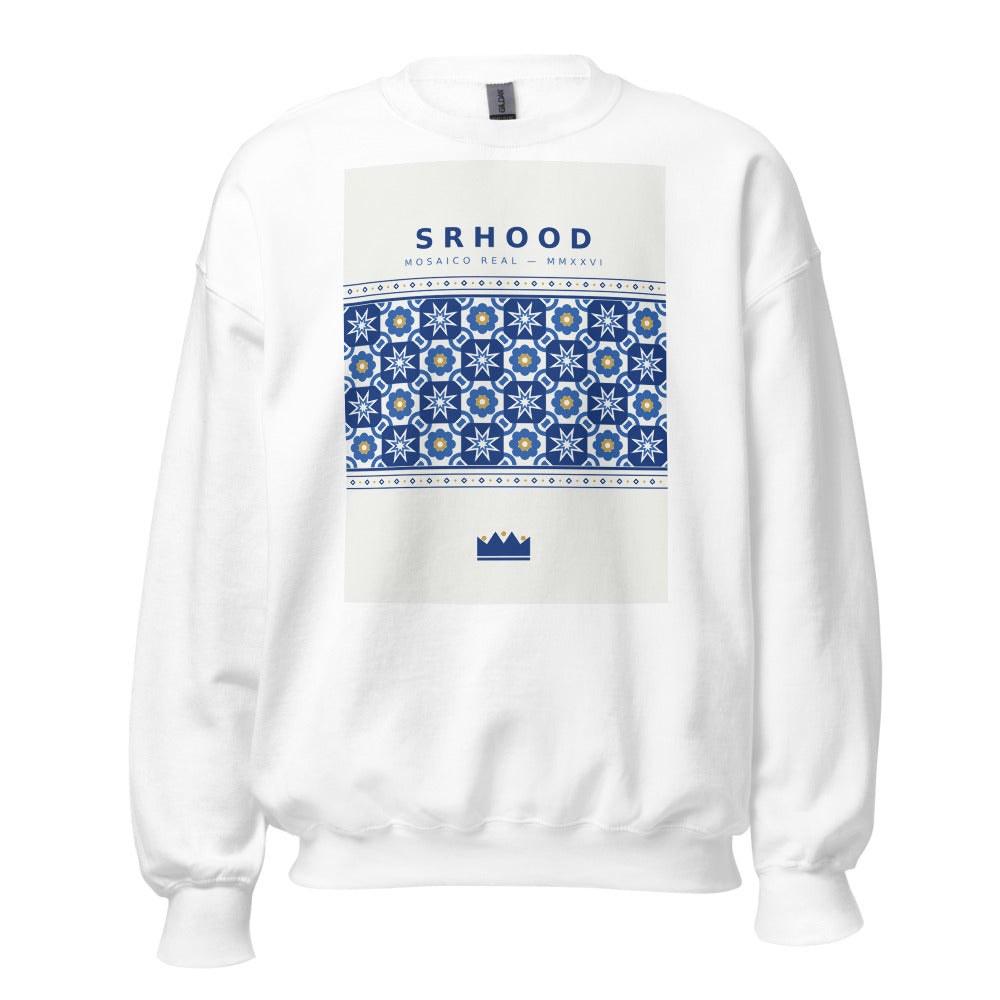 Sudadera Mosaico Real blanca — franja de mosaico azulejo con corona, vista frontal