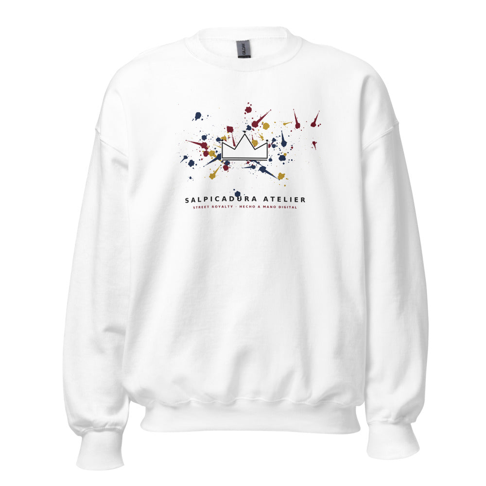 Sudadera blanca con salpicaduras de pintura y corona en negativo