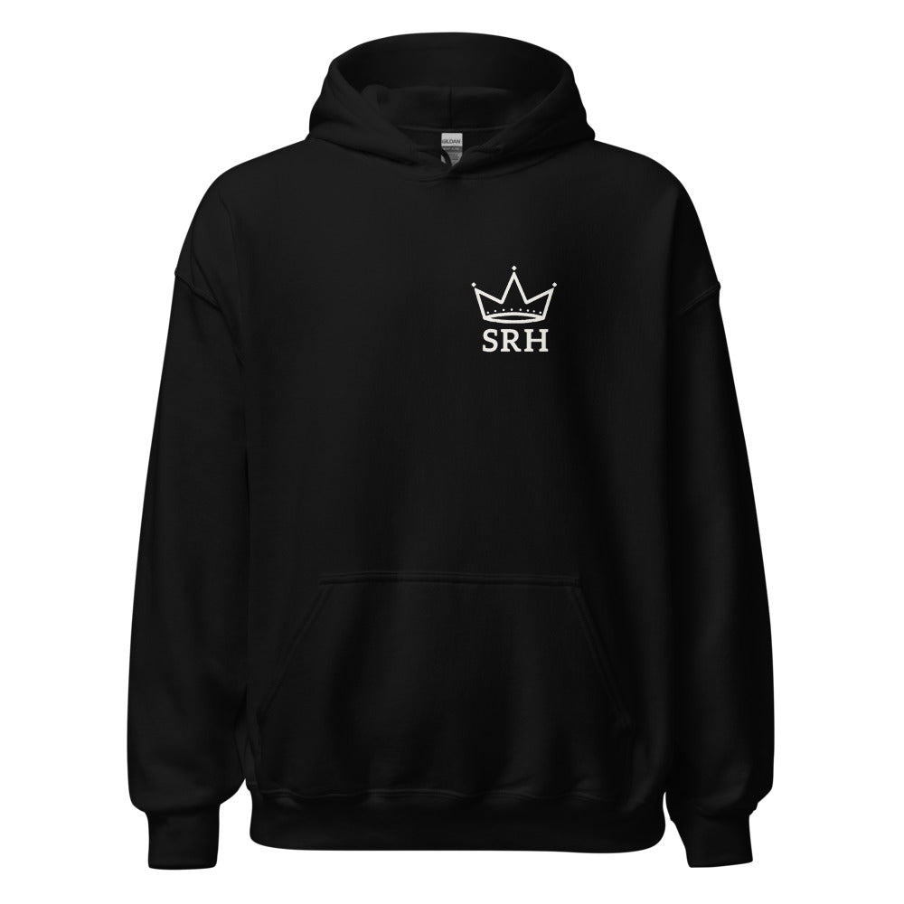 Hoodie Corona SRH negro, vista frontal, diseño pecho izquierdo