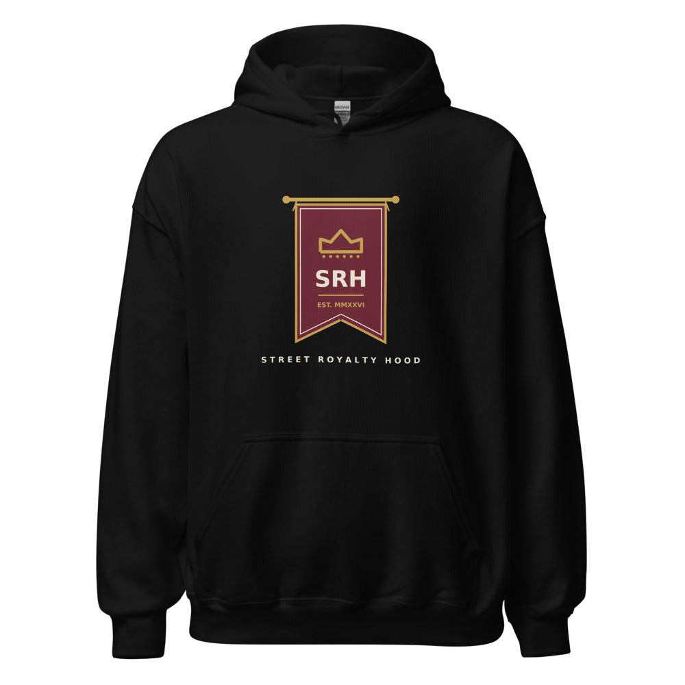 Hoodie negro Gildan Heavy Blend con estandarte SRH burdeos y oro — vista frontal