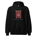 Hoodie negro Gildan Heavy Blend con estandarte SRH burdeos y oro — vista frontal