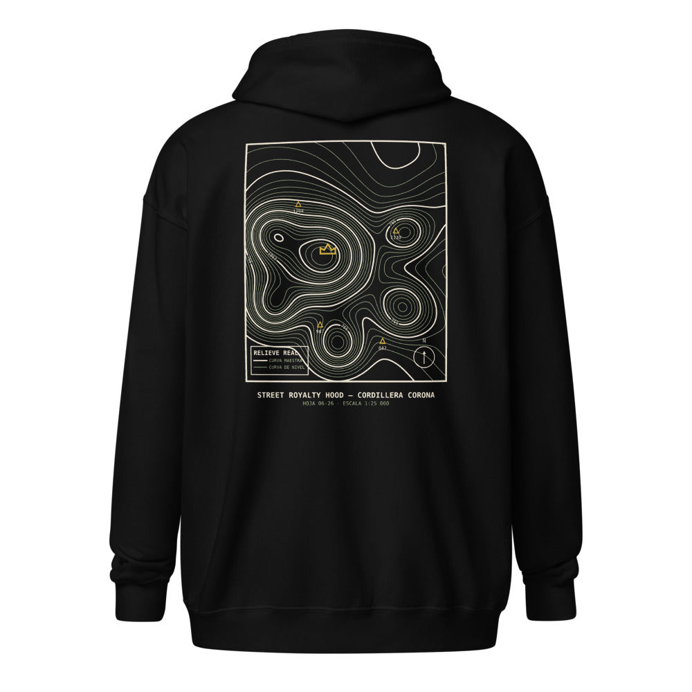 Espalda de sudadera negra con cremallera y carta topográfica Relieve Real en crema y dorado