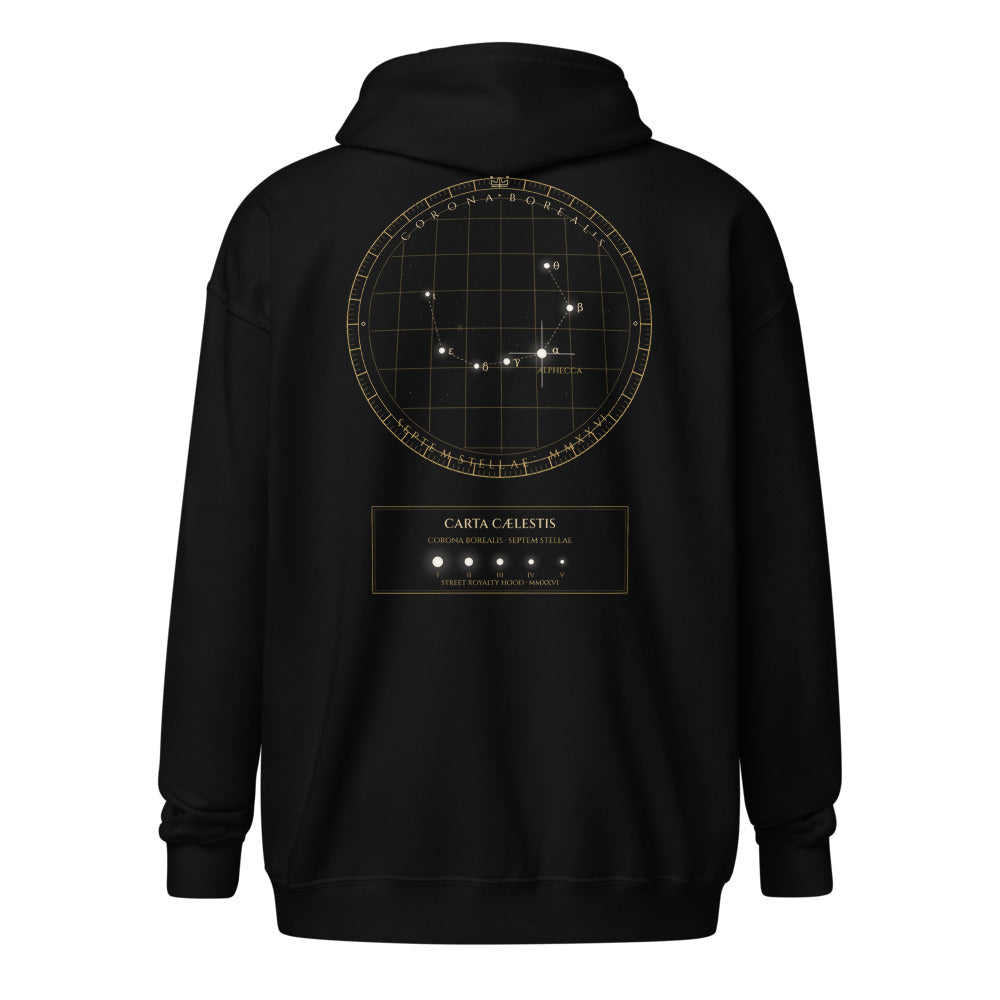 Sudadera cremallera negra con gran carta estelar Corona Borealis en la espalda