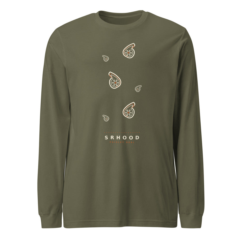 Camiseta manga larga verde militar con cascada de botehs paisley crema