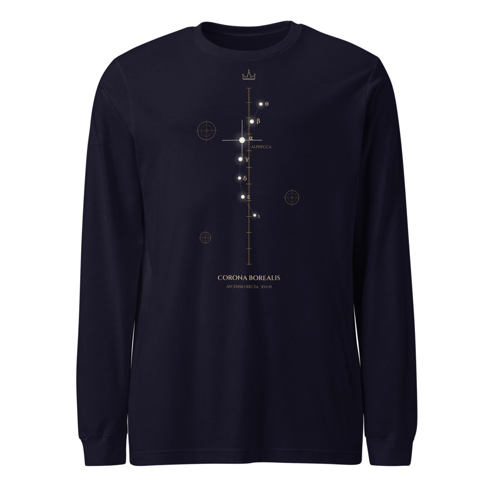 Camiseta manga larga azul marino con meridiano celeste y Corona Borealis — vista frontal