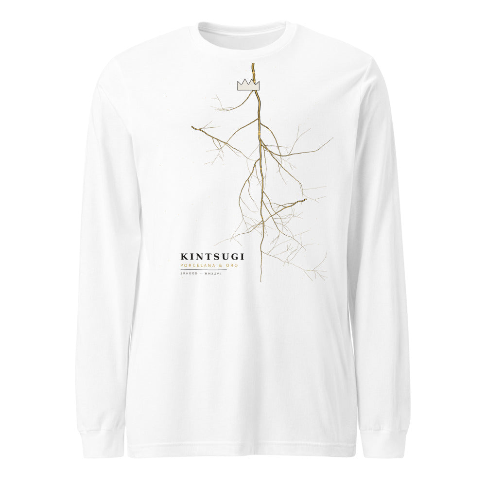 Camiseta de manga larga blanca con fractura kintsugi dorada vertical coronada en porcelana