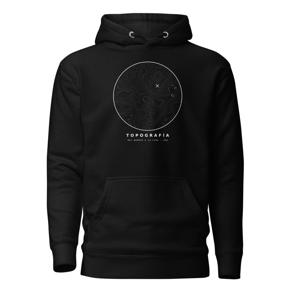 Hoodie negro con mapa topográfico tonal de SRHOOD, vista frontal