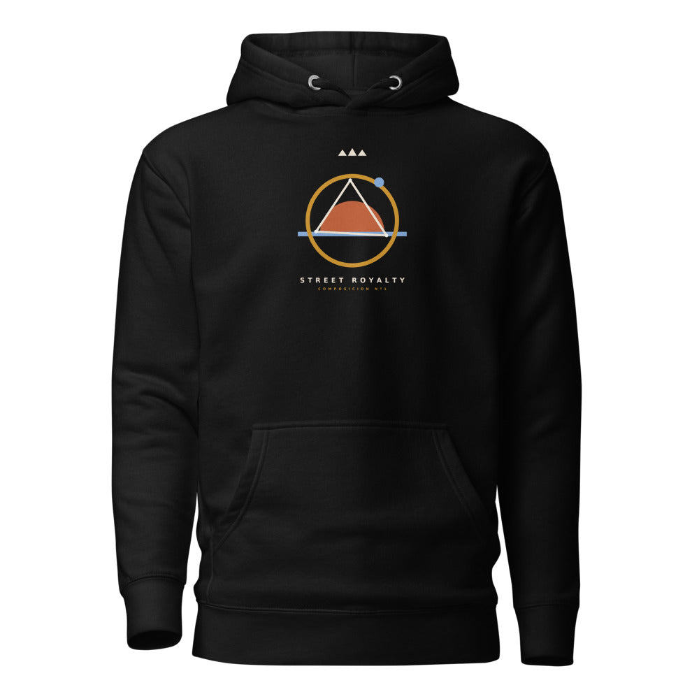 Hoodie Composición Nº1 negro — anillo dorado, semicírculo terracota y triángulo crema, vista frontal