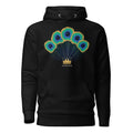 Hoodie negro con abanico de cinco plumas de pavo real sobre corona dorada SRHOOD