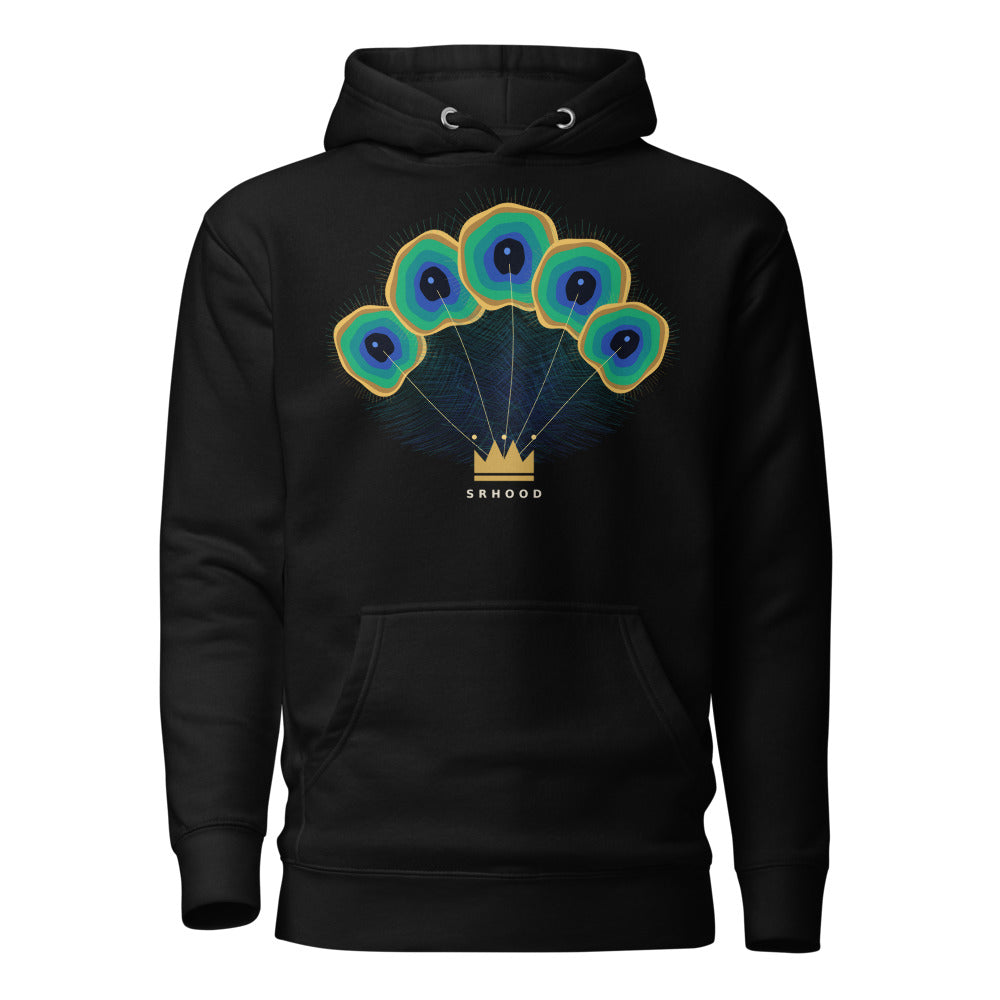 Hoodie negro con abanico de cinco plumas de pavo real sobre corona dorada SRHOOD