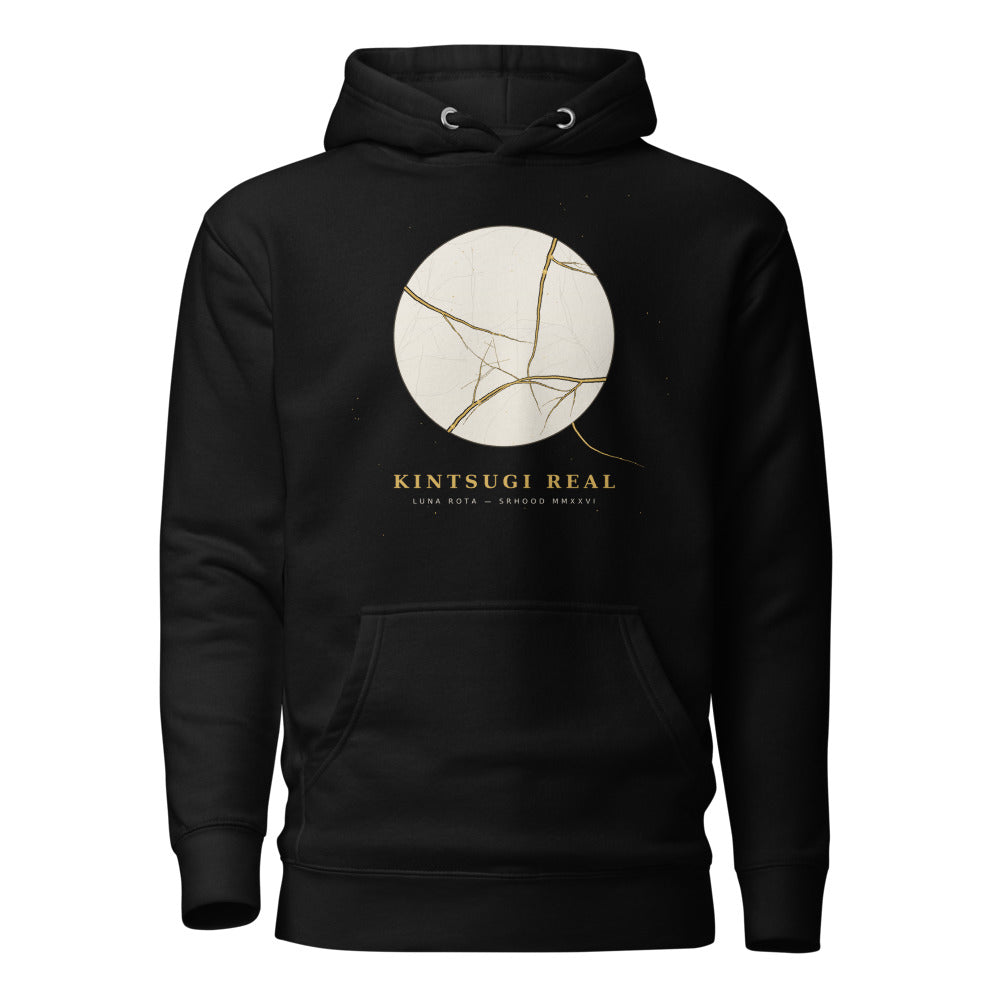 Hoodie premium negro con luna de porcelana rota reparada en oro, serie Kintsugi Real