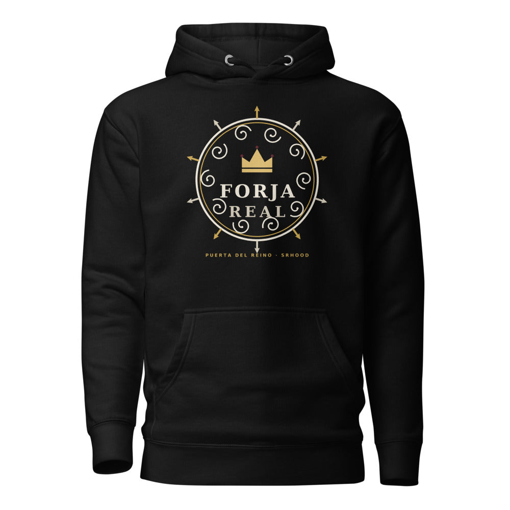 Hoodie premium Puerta del Reino negro — medallón de forja frontal