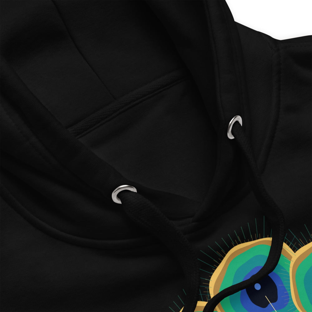 Detalle del tejido y la capucha del hoodie premium negro