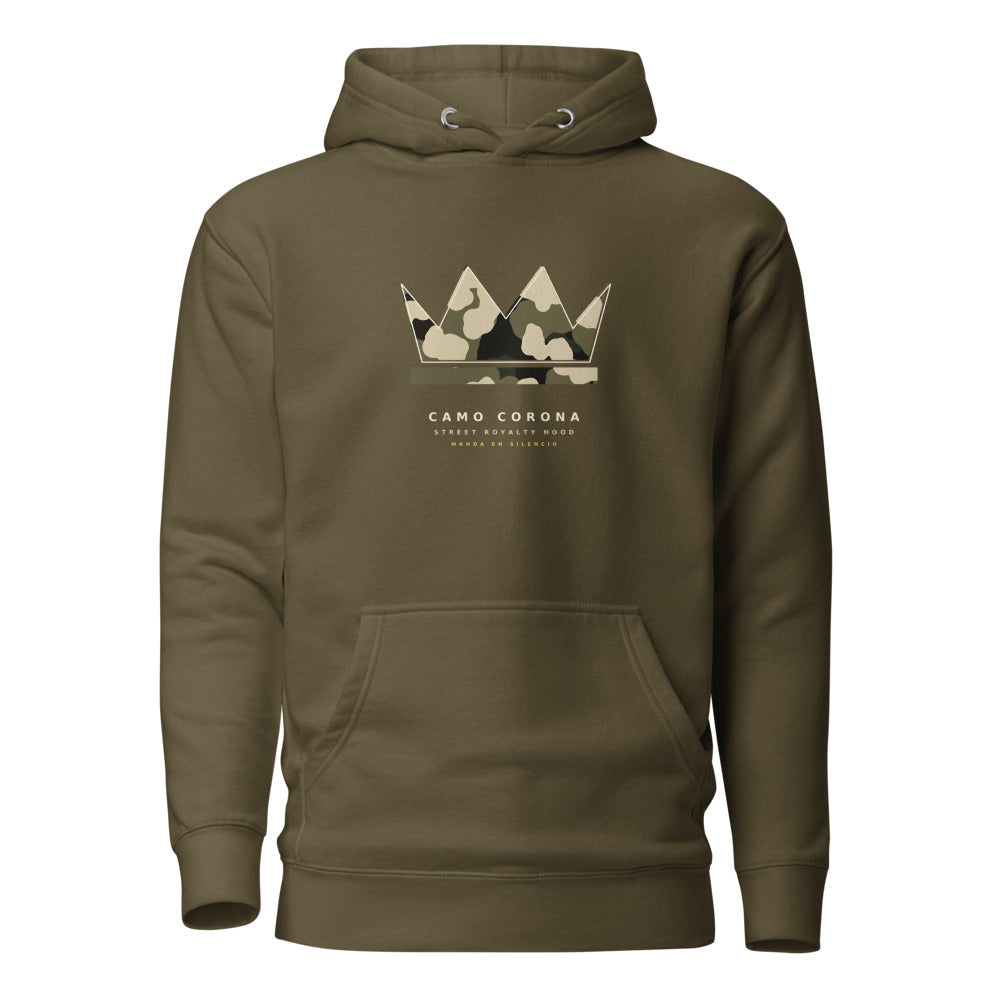 Hoodie verde militar con corona monumental rellena de camuflaje y lema Manda en Silencio