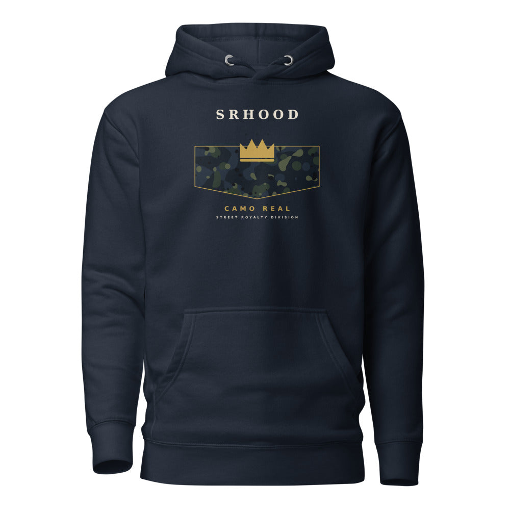 Hoodie Premium Camo Real navy — estandarte de camuflaje con corona dorada