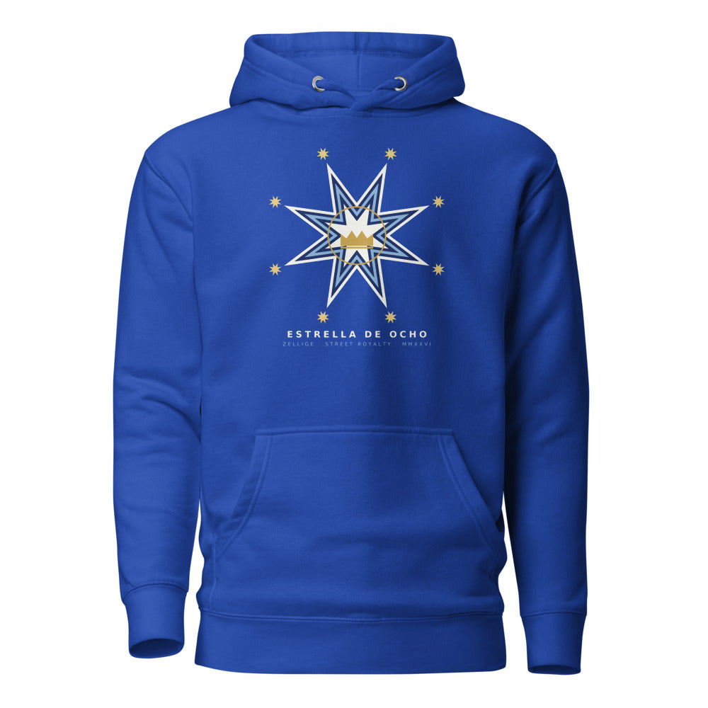 Hoodie Estrella de Ocho azul royal — estrella zellige con corona de oro, vista frontal