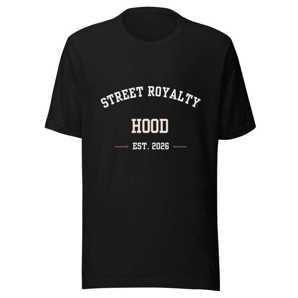 Camiseta negra Street Royalty Hood con arco college en blanco roto, vista frontal
