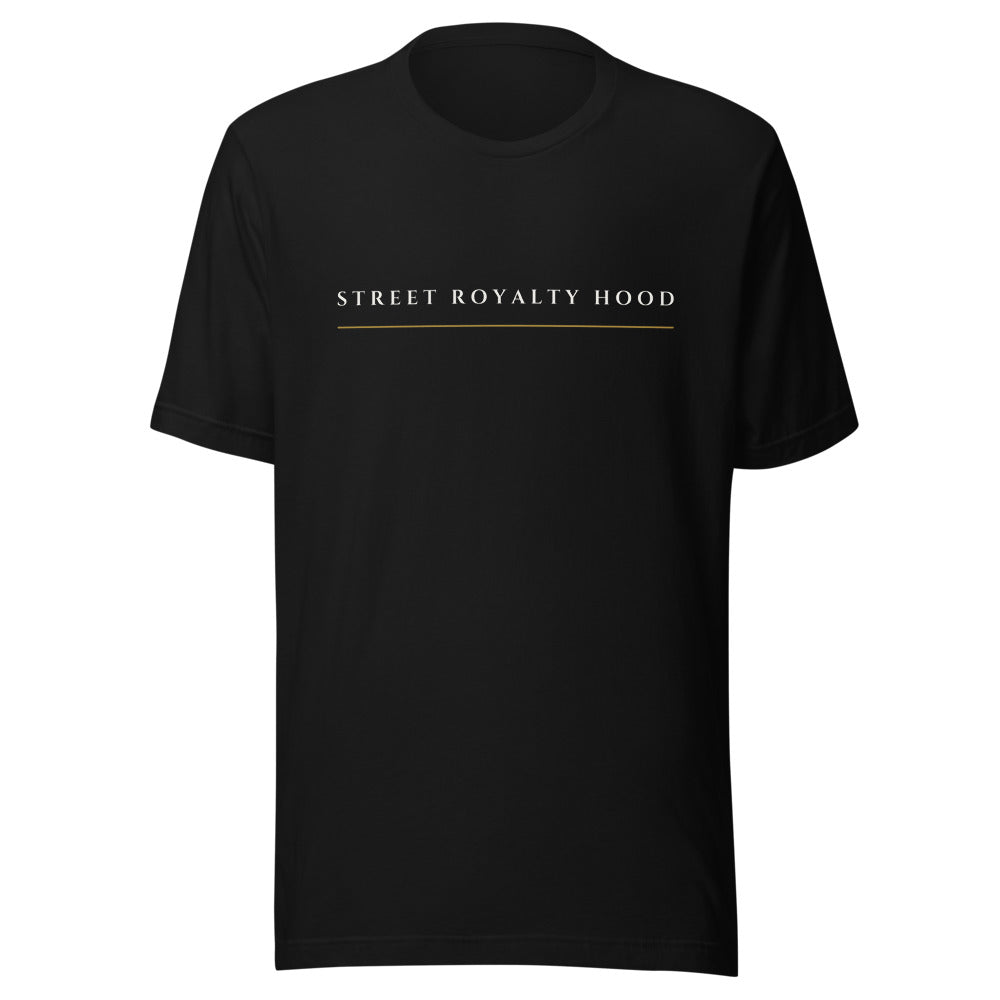 Camiseta negra Street Royalty con logo Wide Lockup en franja de pecho — vista frontal