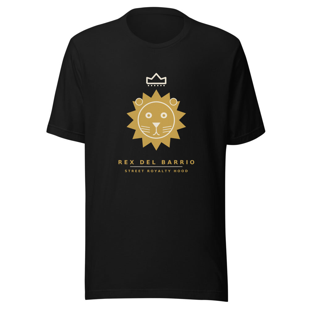 Camiseta negra Bella+Canvas con León Heráldico oro y lema Rex del Barrio — vista frontal