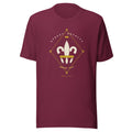 Camiseta burdeos con emblema flor de lis crema y oro, rombo heráldico y lema Street Royalty