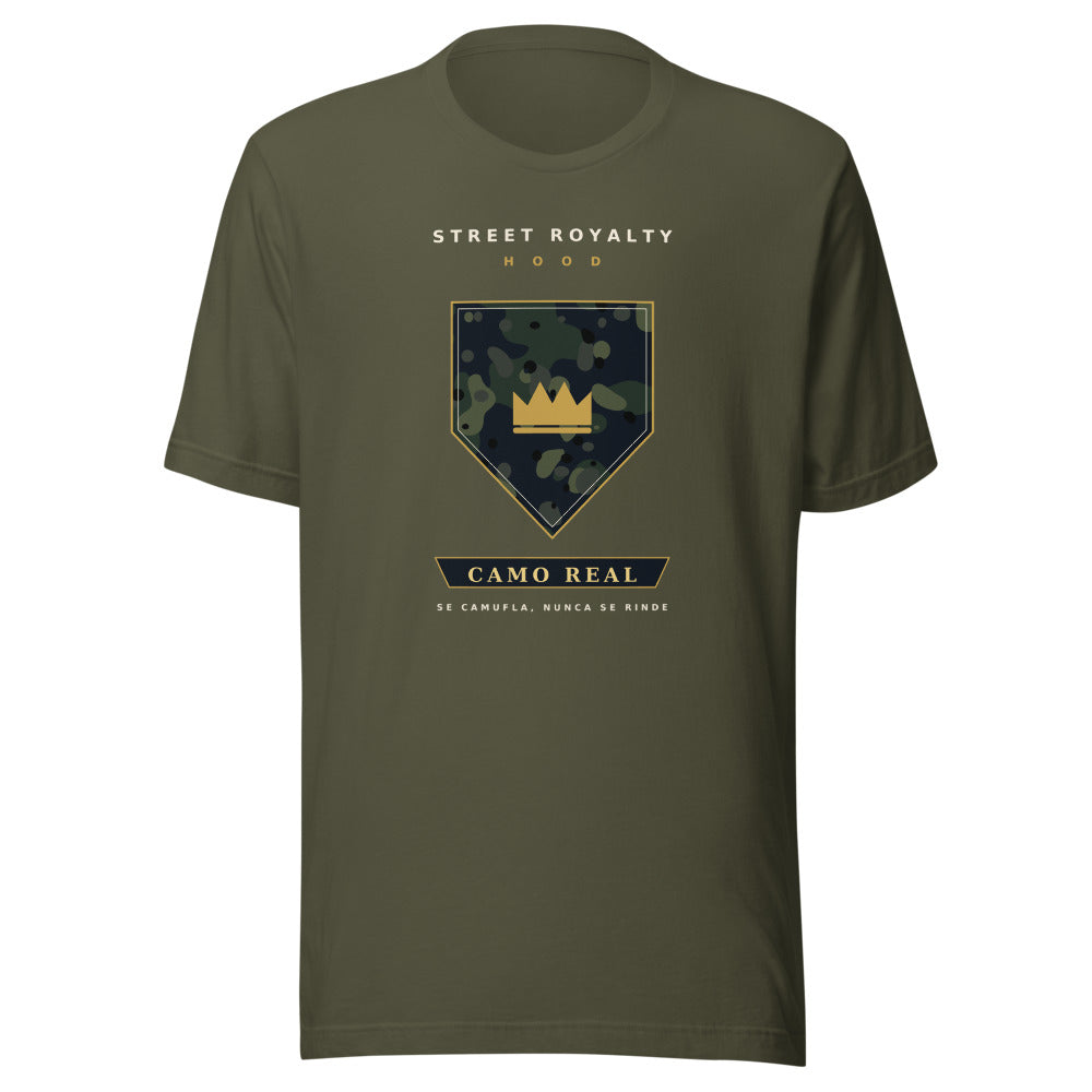 Camiseta Camo Real verde militar — escudo de camuflaje con corona dorada